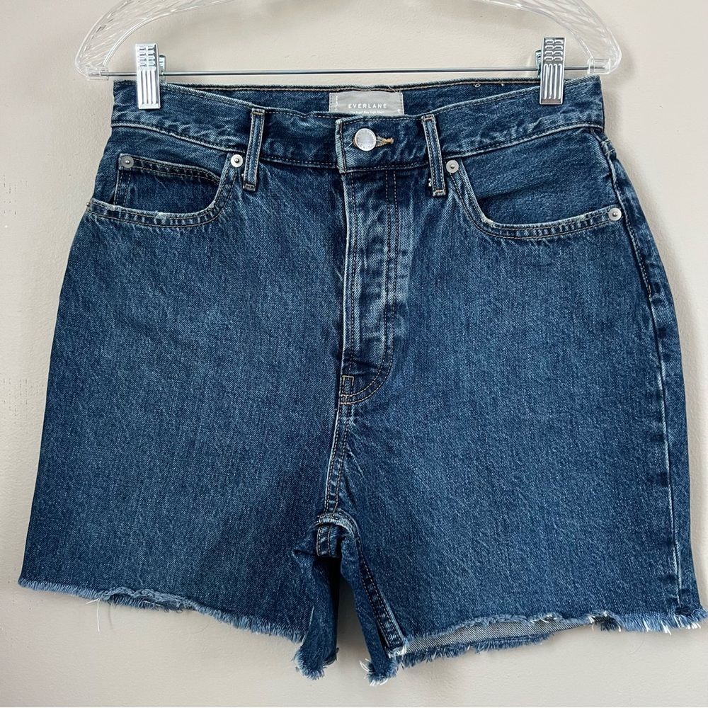 Everlane Organic Cotton High Rise Raw Hem Blue Denim Casual Chic Shorts SZ 29